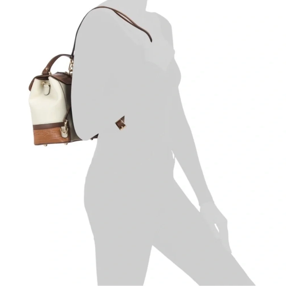 House of Harlow 1960 Cream and Brown Croc-Embossed Top Handle Backpack
